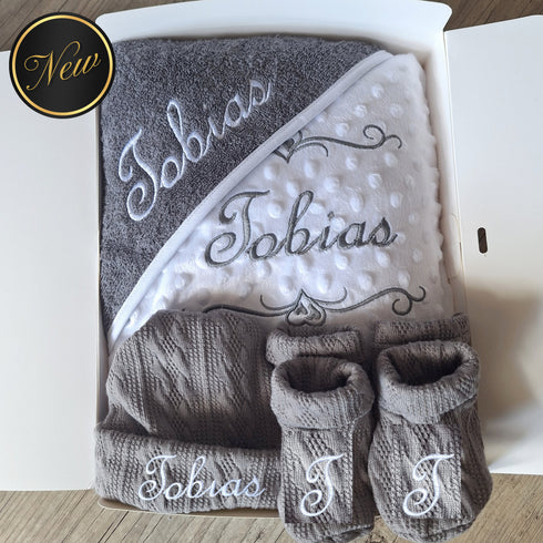 Coffret Bébé Personnalisé – Sortie de Bain, Couverture Minky et Ensemble en Maille de coton – Oeko-Tex - Quantité Limitée